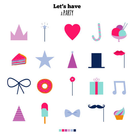 Set of vector design of retro party elements. Cute and cartoon illustration. Template for Happy birthday card. Vintage hipster collection in flat design style.のイラスト素材