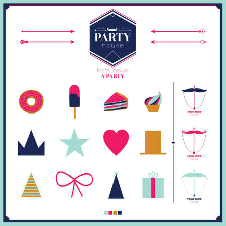 Set of vector design of retro party elements. Cute and cartoon illustration. Template for Happy birthday card. Vintage hipster collection in flat design style.のイラスト素材