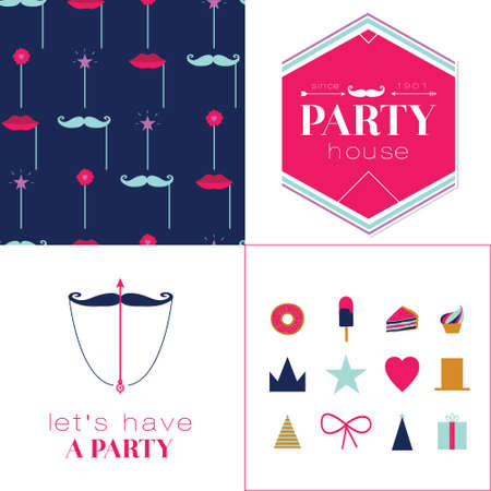 Seamless vector pattern with retro party elements. Cute and cartoon illustration. Template for Happy birthday card. Vintage hipster collection in flat design style.のイラスト素材