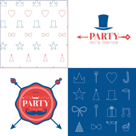 Seamless vector pattern with retro party elements. Cute and cartoon illustration. Template for Happy birthday card. Vintage hipster collection in flat design style.のイラスト素材