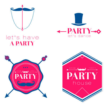 Set of vector design of retro party elements. Cute and cartoon illustration. Template for Happy birthday card. Vintage hipster collection in flat design style.のイラスト素材