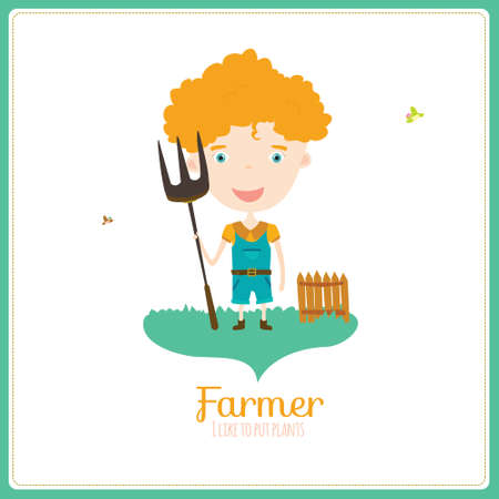 Cute vector alphabet Profession. Illustration smiling boys and girls in a funny and cartoon style design isolated on white background. Farmerのイラスト素材