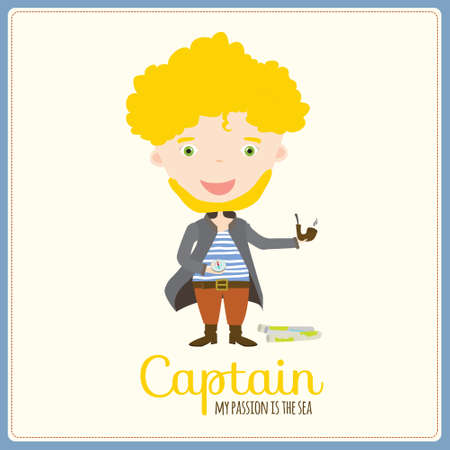 Cute vector alphabet Profession. Illustration smiling boys and girls in a funny and cartoon style design isolated on white background. Captainのイラスト素材