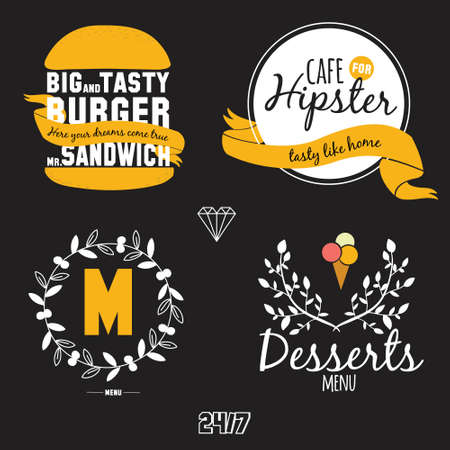 Big logo set of restaurant and cafe menu design. Template logotype in vector. Cooking icons, labels, wreathes and graphic elements in hipster style. Vintage illustration of fast food.のイラスト素材