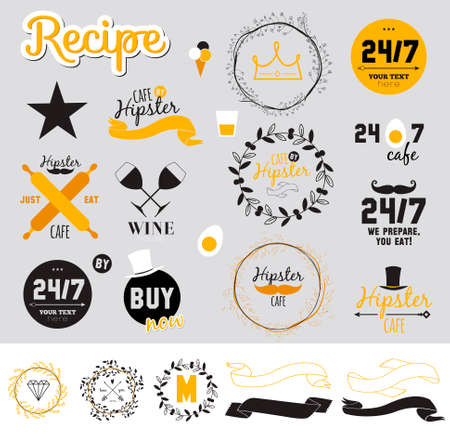 Big logo set of restaurant and cafe menu design. Template logotype in vector. Cooking icons, labels, wreathes and graphic elements in hipster style. Vintage illustration of fast food.のイラスト素材