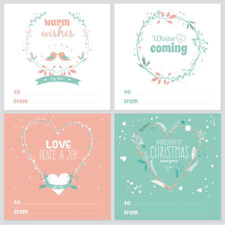Set of square greeting cards with Christmas and New Year greeting romantic flower labels, ribbons, hearts, wreaths, laurelのイラスト素材