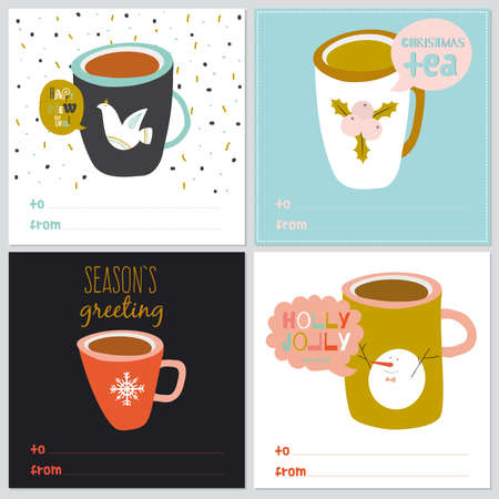 Vintage Merry Christmas And Happy New Year illustration of different colorful cups with funny and cute pictures. Greeting stylish post card collectionsのイラスト素材