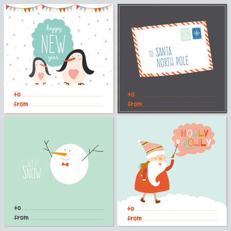 Merry Christmas And Happy New Year greeting cards with calligraphic and typographic wishes and winter elements. Illustration with santa claus, letter, happy penguins and cute and smiling snowmanのイラスト素材