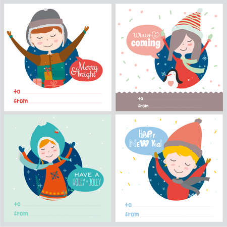 Stylish and bright Merry Christmas and New Year card in vector. Funny and smiling boys and girls congratulates and waving their hands. Winter holiday background. Let's joy Christmas.のイラスト素材