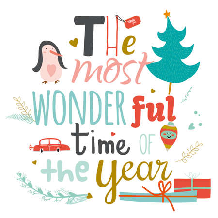 Vintage Merry Christmas And Happy New Year Calligraphic And Typographic Background. Greeting stylish illustration of winter elements and wishesのイラスト素材