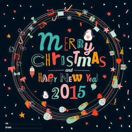 Greeting card with Christmas and New Year greeting wreaths and laurel with festive elementsのイラスト素材