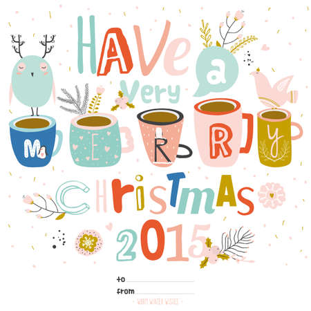 Vintage Merry Christmas And Happy New Year Calligraphic And Typographic Background. Greeting stylish illustration of winter wishes, dove, owl, flowers, penguin, leafs, snowflakes.のイラスト素材