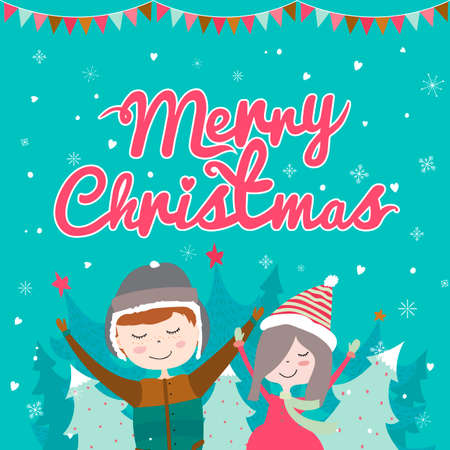Stylish and bright Merry Christmas and New Year card. Funny and smiling girl and boy waving and smiling. Winter holiday background with trees and snowflakesのイラスト素材