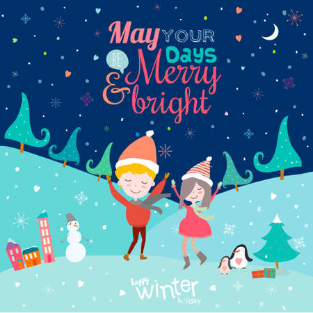 Stylish and bright Merry Christmas and New Year card. Funny and smiling girl and boy dancing on the snowのイラスト素材