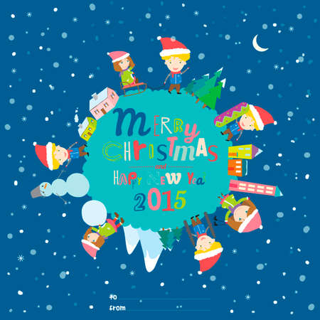 Bright Merry Christmas and New Year card. Funny and smiling boys and girls dancing at night on a round earthのイラスト素材