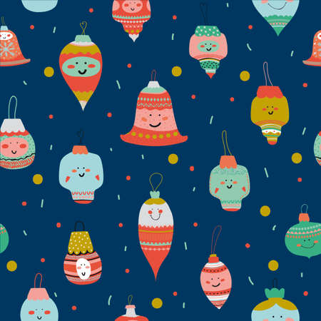 Vintage Christmas and New Year greeting pattern. illustration of festive Christmas decorations and toysのイラスト素材