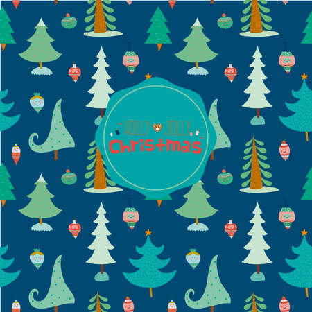 Stylish Merry Christmas card. Bright holiday background. Seamless pattern with  different cute trees and smiley toys.のイラスト素材