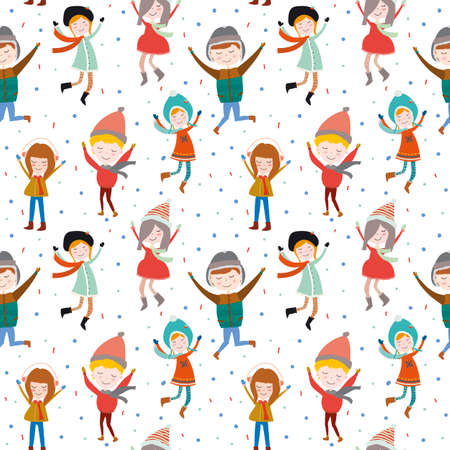 Vintage Christmas and New Year greeting pattern. Vector illustration of cheerful smiling jumping girls and boys. Good for design, cards or posters. Scrapbooking. Wrappingのイラスト素材