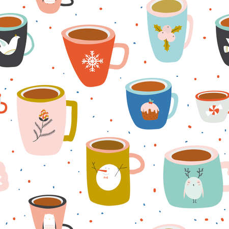 Vintage Merry Christmas And Happy New Year seamless pattern. Greeting stylish illustration with colorful cups with cute pictures. Perfect for wrapping paper and scrapbooking. Winter coffee and tea.のイラスト素材