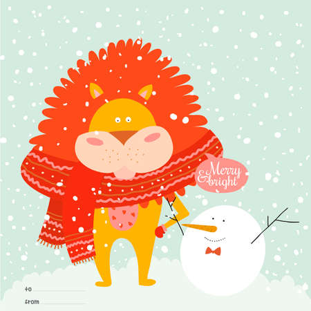 Cute snowman with tiger wrapped in a scarf, congratulates all of the holidaysのイラスト素材