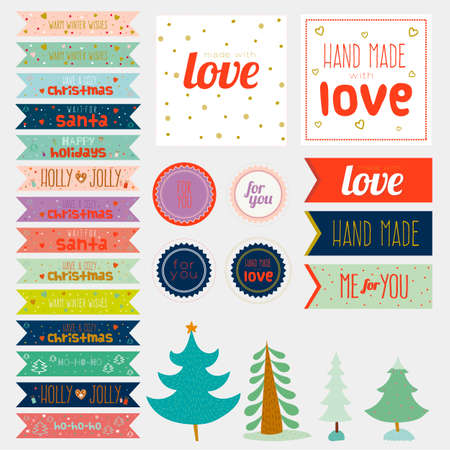 Vintage Christmas and New Year greeting stickers, labels, tags and ribbons with cute winter elements, icons, typography, greeting and wishes. Good for winter design cards or posters. Scrapbooking.のイラスト素材