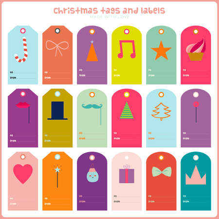 Vintage Christmas and New Year greeting stickers, labels, tags and ribbons with cute winter elements, icons, typography, greeting and wishes. Good for winter design cards or posters. Scrapbooking.のイラスト素材