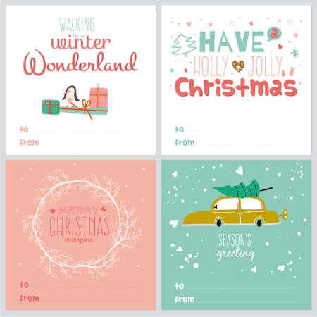 Set of square greeting cards with Christmas and New Year Calligraphic And Typographic Background. Greeting stylish illustration of winter elements. Good for design, cards or posters. Scrapbooking.のイラスト素材