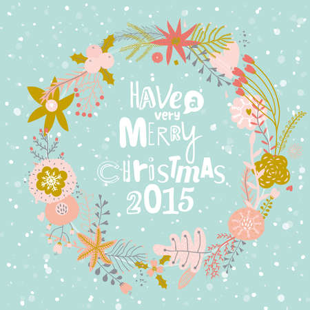 Vintage Merry Christmas And Happy New Year Calligraphic And Typographic Background. Greeting stylish illustration of  winter romantic flowers, berries, leafs, wreath, laurel. Good for cards or postersのイラスト素材