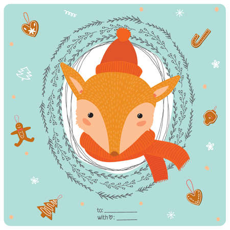 Merry Christmas and Happy New 2016 Year Card with Happy Smiling Xmas Fox in knittet hat and scarf in a circle wreathe of brunches on Blue Background. Greeting holidays card with sweets and candy.のイラスト素材