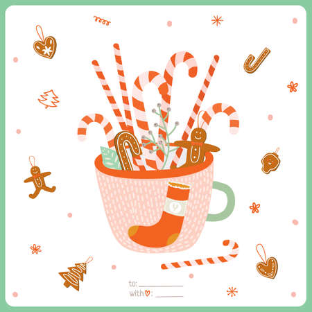 Cute Merry Christmas And Happy New Year card with Gingerbread Christmas Cookies in a Greeting Cup for Xmas Decoration. Merry and Bright Invitation Holidays Card for 2016のイラスト素材