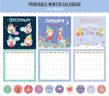 Cute Calendar Template for 2016. Beautiful Diary with Vector Character and Funny Illustrations Animals and Kids. Trendy Season Holidays Backgrounds. Good Organizer and Schedule with place for Notesのイラスト素材