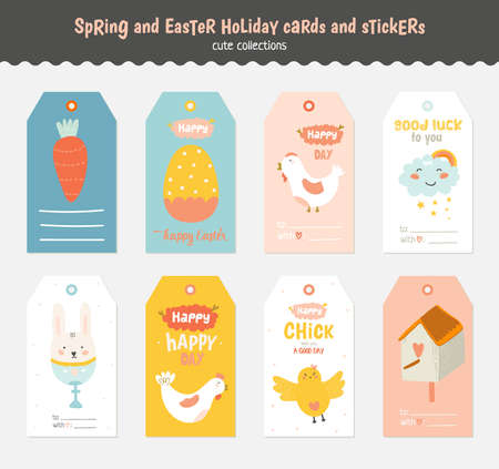 Beautiful collection of Easter greeting cards, gift tags, stickers and labels templates in vector. Holiday spring and summer cartoon concept with bunny, eggs, chicks and other graphic design elements.のイラスト素材