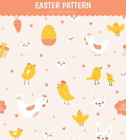 Cute Easter greeting seamless pattern with funny bunny,eggs, chicken and chicks. Best for textures, wallpaper, wrapping, scrapbooking. Holiday spring and summer background in vectorのイラスト素材