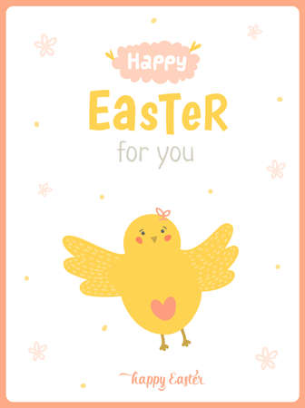 Happy Easter vector card in vector. Cute chicken in stylish colors. Happy day 3x4 poster. Holidays spring and summer cartoon concept collectionのイラスト素材
