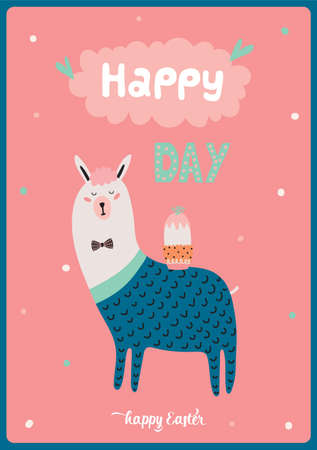 Cute card with funny Lama boy hand drawing in scandinavian style. Isolated on white background in vector. Good for birthdays cards, childish posters, calendars, stickers for boys and girls.のイラスト素材