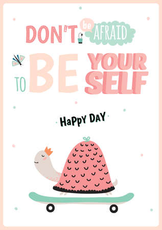 Cute card with funny turtle riding a skateboard hand drawing in scandinavian style. Isolated on white background in vector. Good for birthdays cards, childish posters, calendars, stickers for kids.のイラスト素材