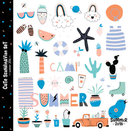 Cute Summer Design Scandinavian Set of Trandy Holiday Summer Elements. Vector. Isolated. White...