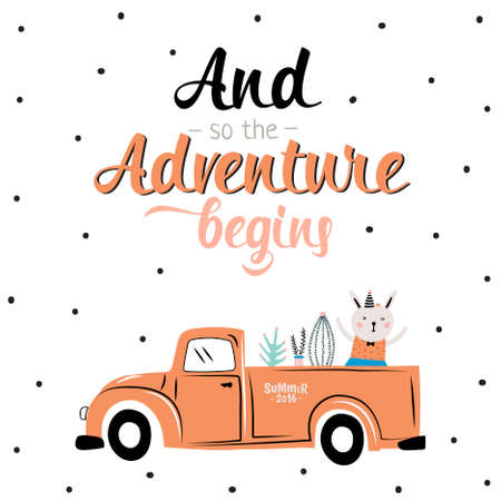 Hand drawn typography design. Trendy Inspirational and Motivational Poster. Vector. Isolated. Adventure begins. Art typographic design for web, advertising, banner, poster, cards and print.のイラスト素材