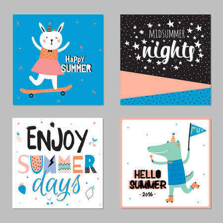 Cute Hello Summer Cards with Trendy Summer Elements. Summer Typographic. Scandinavian Style. Vector. White Background. Good for Greeting Cards, Gift Tags, Stickers, Placards and Labels Templates.のイラスト素材