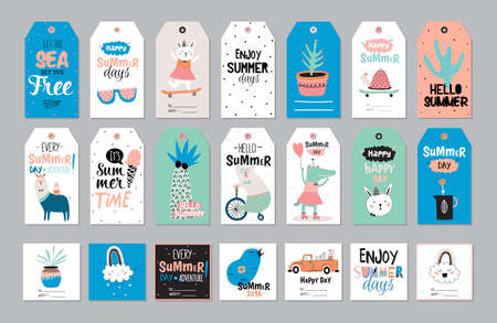 Cute Summer Scandinavian Set of Greeting Cards, Gift Tags, Stickers and Labels Templates with Trandy Summer Elements in vector. Holiday Summer Modern Concept with Graphic Design Elementsのイラスト素材