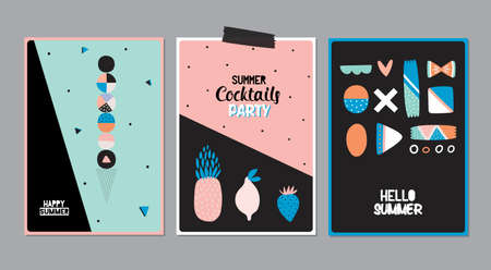 Cute Hello Summer Posters with Trendy Summer Elements. Summer Typographic. Scandinavian Style....