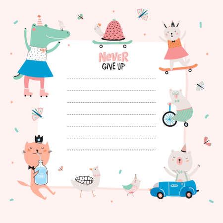 Cute Calendar Daily Planner Template for 2016. Beautiful Diary with Funny Animals Illustrations. Good for Kids. Organizer and Schedule with place for Notesのイラスト素材