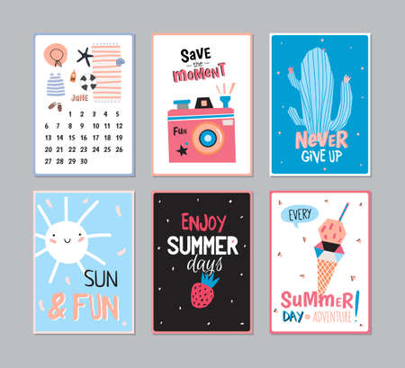Cute Summer Poster Set with Calendar. June. Trandy Summer Elements. Summer Typographic. Vector. Isolated. Good for Scandinavian Greeting Cards, Gift Tags, Placards, Stickers and Labels Templates.のイラスト素材