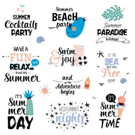 Cute Summer Typography Design Set with Trendy Summer Elements. Summer Typographic. Vector. Isolated. White Background. Scandinavian Summer Concept.のイラスト素材
