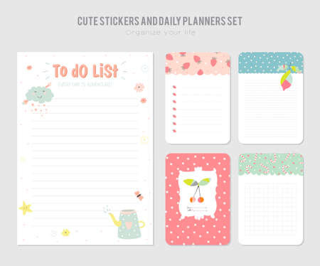 Cute Daily Calendar Template. Note Paper and Stickers Set with Vector Funny Animals Illustrations. Good for Kids. Fun Background. Organizer and Schedule with place for Notes.のイラスト素材