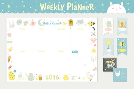 Cute Calendar Weekly Planner Template for 2016. Beautiful Diary with Vector Character and Funny Kids Illustrations. Spring Season Holidays Backgrounds. Organizer and Schedule with place for Notesのイラスト素材