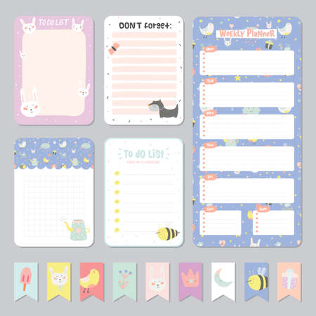 Cute Calendar Daily and Weekly Planner Template. Note Paper and Stickers Set with Vector Funny Animals Illustrations. Good for Kids. Cute Background. Organizer and Schedule with place for Notes.のイラスト素材