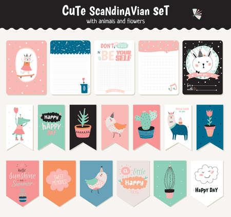 Beautiful collection of Easter greeting cards, gift tags, stickers and labels templates in vector. Holiday spring and summer cartoon concept with bunny, eggs, chicks and other graphic design elements.のイラスト素材