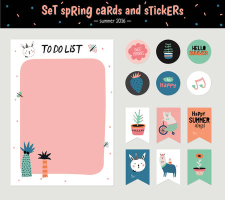 Cute Summer Scandinavian Set of Greeting Cards, Gift Tags, Stickers and Labels Templates with Trandy Summer Elements in vector. Holiday Summer Modern Concept with Graphic Design Elementsのイラスト素材