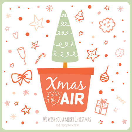 Merry Christmas and Happy New Year Card with Calligraphic and Typographic Wish and Xmas Tree Illustration on Winter Doodles on White Background. Greeting hand drawn holidays card.のイラスト素材